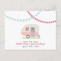 Pink Retro Trailer Weding The Date Postcard