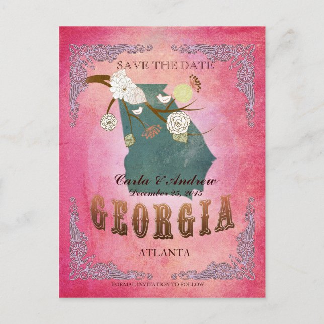 Cartão Postal De Anúncio Pink Save The Date - Georgia Map With Loves (Frente)