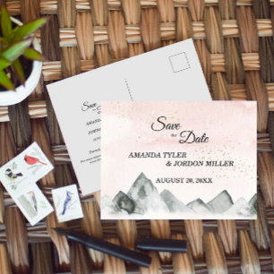 Cartão Postal De Anúncio Pink Sunrise Mountain Weding Save the Date