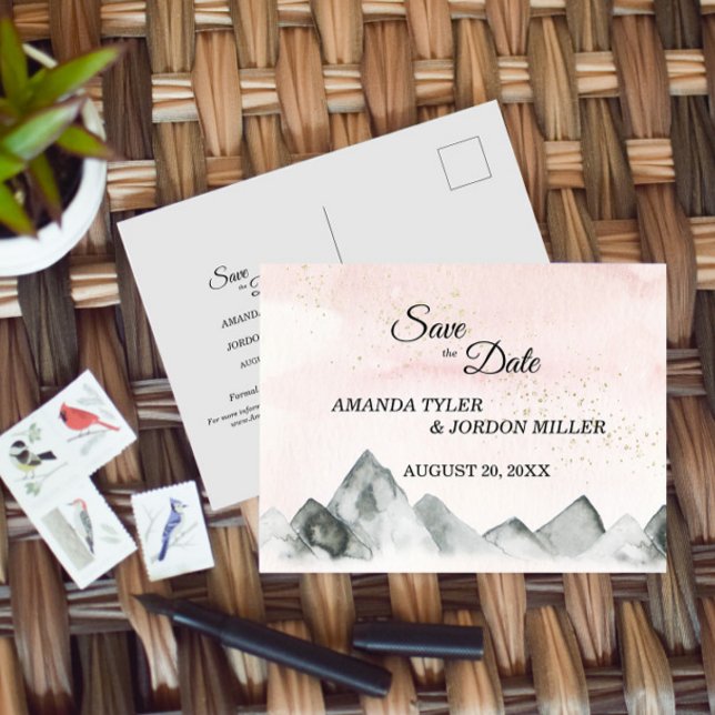 Cartão Postal De Anúncio Pink Sunrise Mountain Weding Save the Date (Criador carregado)