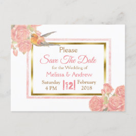 Cartão Postal De Anúncio PInk Vintage Bird Casamento Floral Save the Date