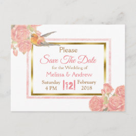 Cartão Postal De Anúncio PInk Vintage Bird  Casamento Floral Save the Date