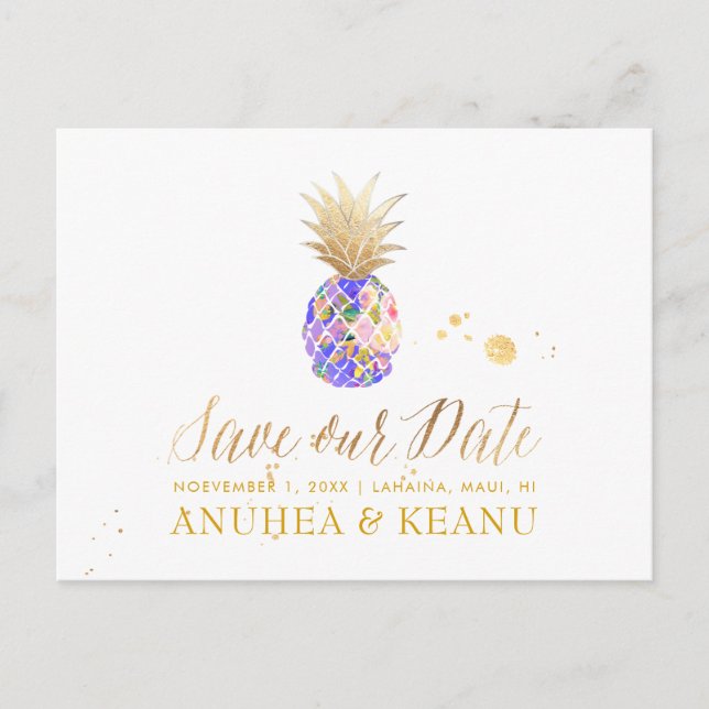Cartão Postal De Anúncio PixDezines Aloha Abacaxi/Roxo/Comemore a Data (Frente)