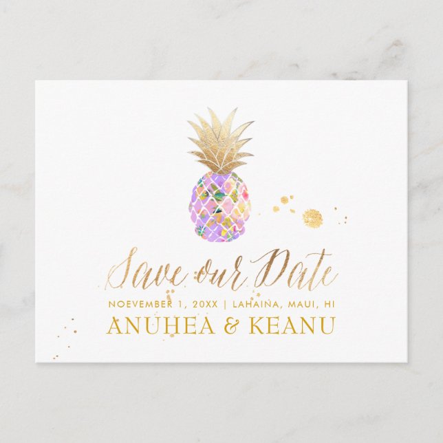 Cartão Postal De Anúncio PixDezines Aloha Abacaxi/Roxo/Comunique a Data (Frente)