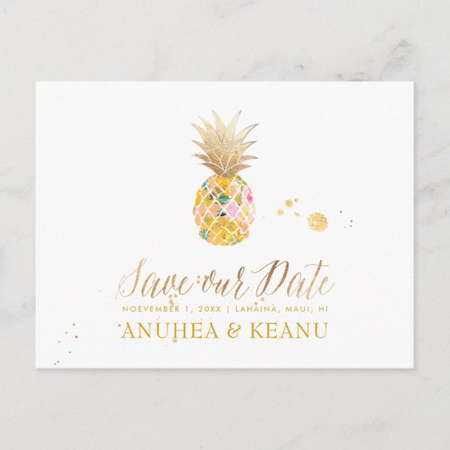 Cartão Postal De Anúncio PixDezines Aloha Pineapple/Hot Pink/Save the Date (Frente)