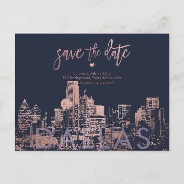 Cartão Postal De Anúncio PixDezines/Dallas Save the Date/Faux Rose Gold (Frente)