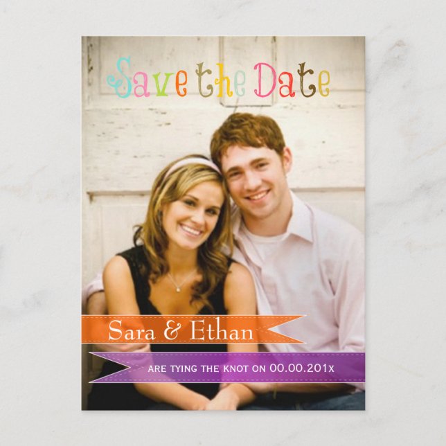 Cartão Postal De Anúncio PixDezines púrpura+laranja salvar a data (Frente)