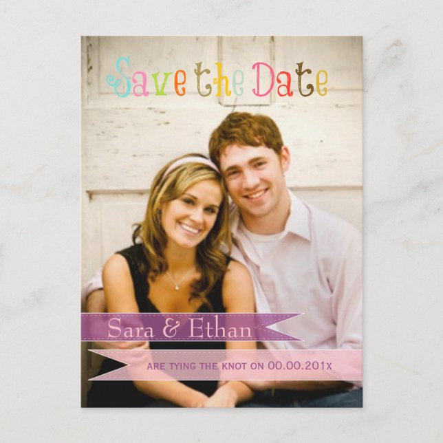 Cartão Postal De Anúncio PixDezines rosa+roxo salvar a data (Frente)