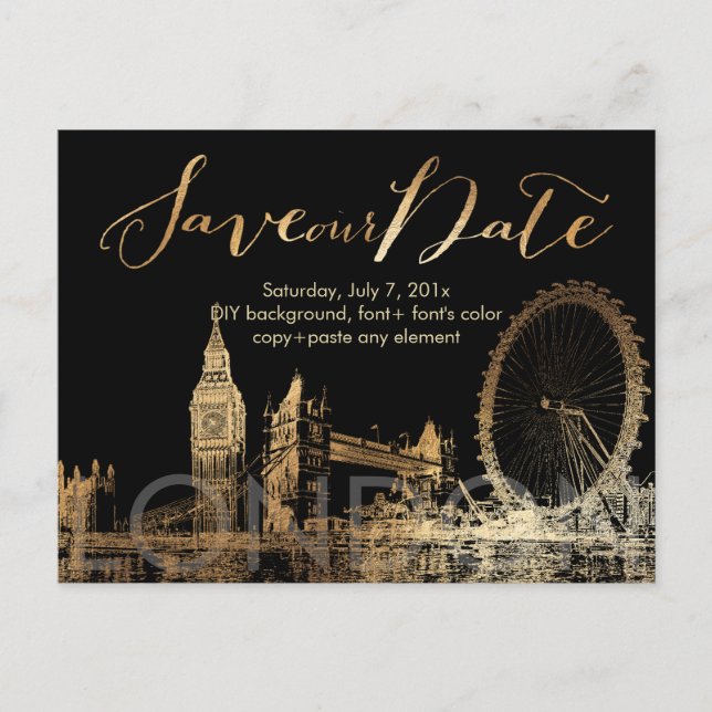 Cartão Postal De Anúncio PixDezines/Save Date/Dourado/London Skyline (Frente)