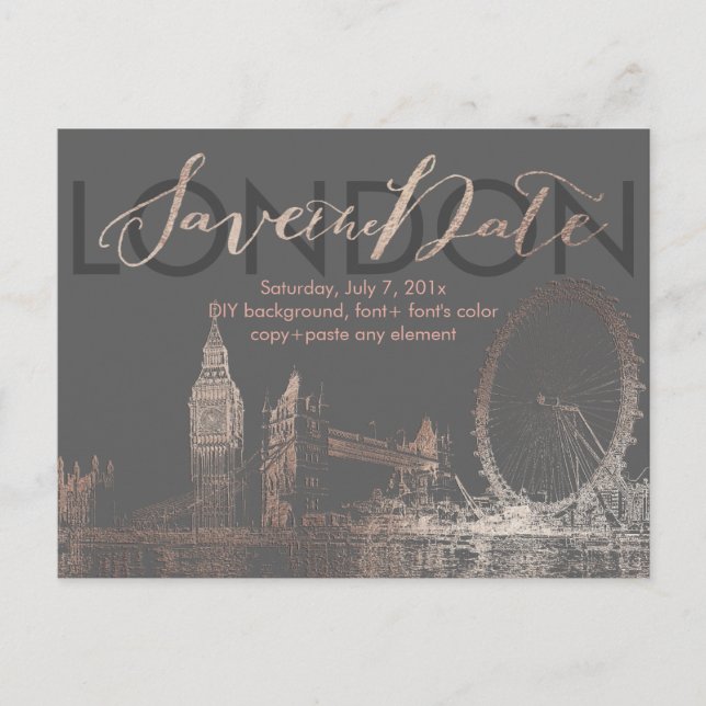 Cartão Postal De Anúncio PixDezines/Save Date/Pink Dourado/London Skyline (Frente)
