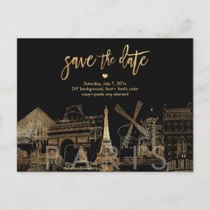Cartão Postal De Anúncio PixDezines/Save the Date Paris Skyline/Faux Dourad