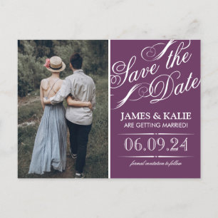 Cartão Postal De Anúncio Plum Purple Vintage Script Foto para Salvar a Data