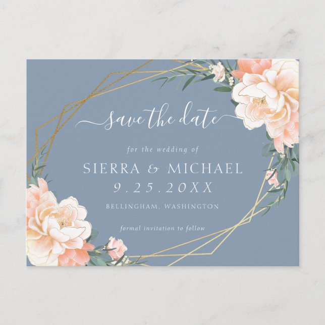 Cartão Postal De Anúncio Poeira Chic Azul Pêssego Dourado Floral Salve a Da (Frente)