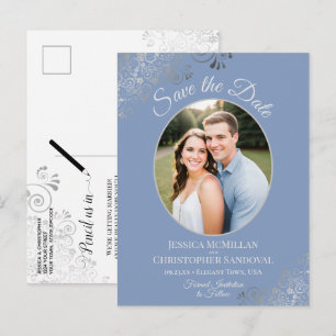 Cartão Postal De Anúncio Poeira Prateada de Renda Azul Casamento Salve a Da