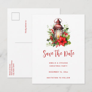 Cartão Postal De Anúncio Poinsétia e Pinheiro de Natal com Lanterna de Nata