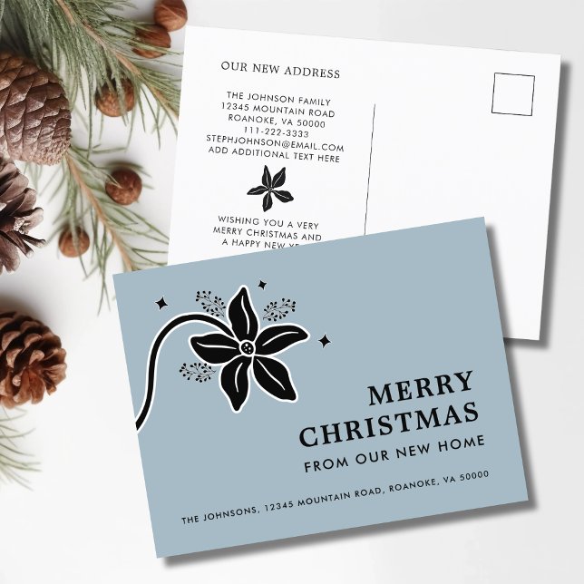Cartão Postal De Anúncio Poinsettia Feliz Natal Nova Casa (Poinsettia Merry Christmas From Our New Home Dusty Blue Moving Announcement Postcard)