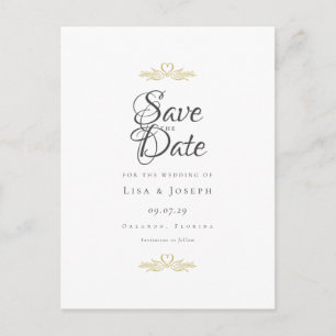 Cartão Postal De Anúncio Pombas Douradas e Corações Save the Date em Letra 