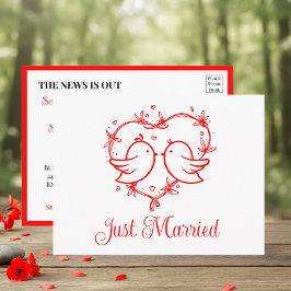 Cartão Postal De Anúncio Pombinhos Boho Coração Vermelho de Amor Casamento