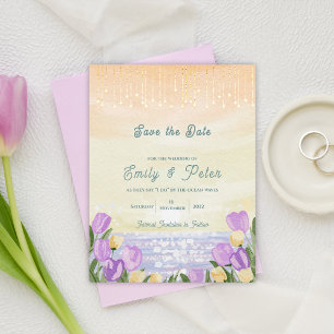Cartão Postal De Anúncio Pôr do Sol em Aquarela Elegante e Casamento Floral