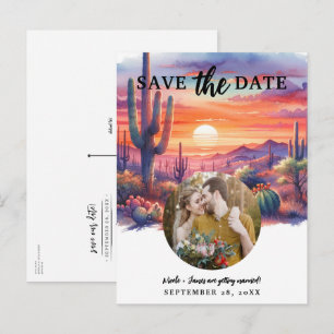 Cartão Postal De Anúncio Pôr do sol no deserto em aquarela Salvar a data