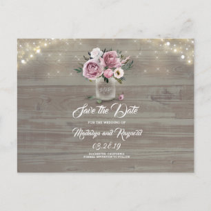 Cartão Postal De Anúncio Pote de Pedra Flor Rosa Poeira Salve a Data