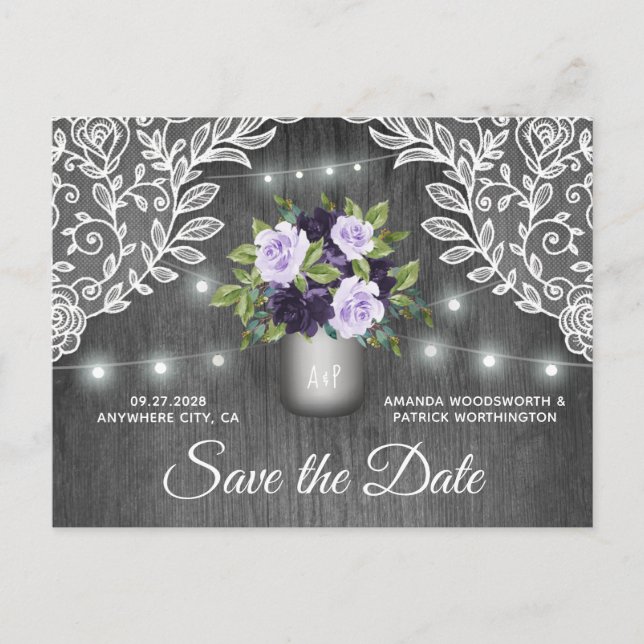 Cartão Postal De Anúncio Pote de Vidro Casamento Roxo Prata Save the Date (Frente)