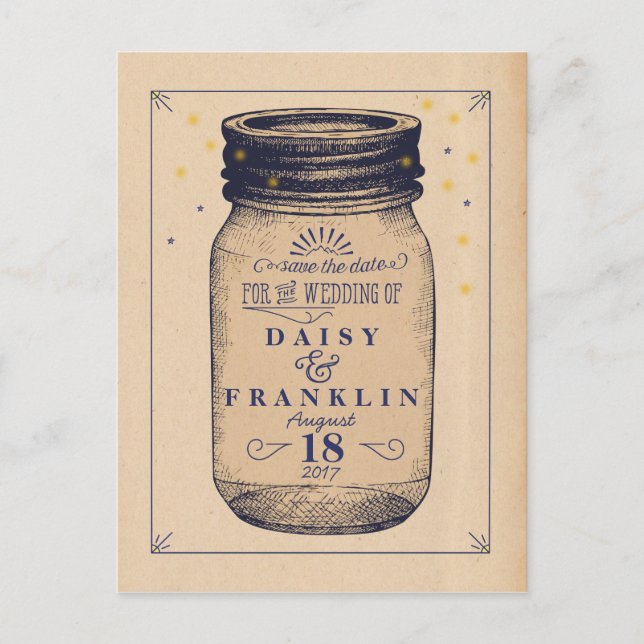 Cartão Postal De Anúncio Pote Retro Salve a Data - Estilo Telegram - Azul-m (Frente)