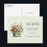 Cartão Postal De Anúncio Potted Flowers Cozy Shabby Style Cute<br><div class="desc">Save the date postcard with a whimsical stylish pot of flowers. Green,  pink and cream colors. Set in a green pot with a plaid cloth. Shabby vintage vibe.</div>