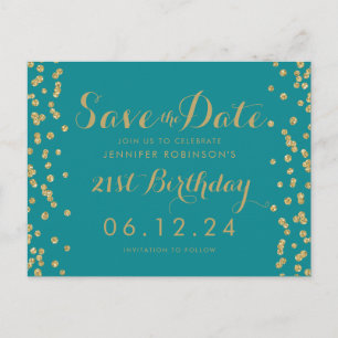 Cartão Postal De Anúncio Poupança de Data de Aniversário de 21 Anos Dourado