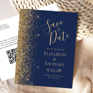 Cartão Postal De Anúncio Poupar a Data com Código QR Azul-Navy Brilho Doura