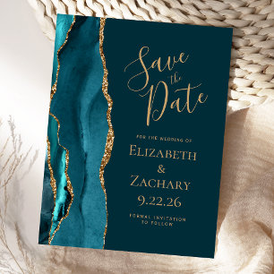 Cartão Postal De Anúncio Poupar Data de Casamento em Ágata Azul Teal Dourad