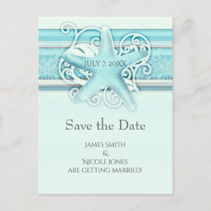 Cartão Postal De Anúncio Praia Blue Starfish Casamento Elegante Salve a Dat
