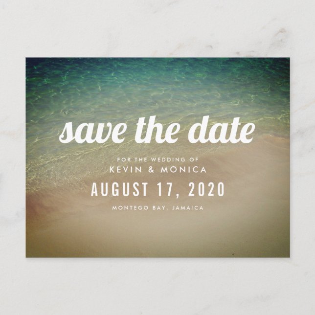 Cartão Postal De Anúncio Praia do Oceano de Areia Casamento Salvar a Data (Frente)