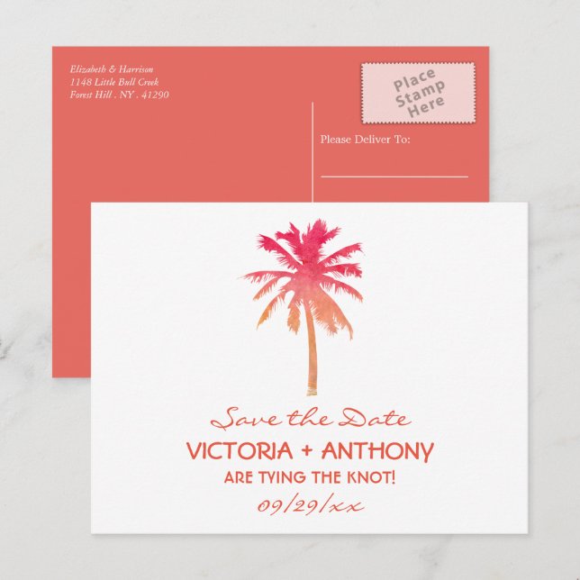 Cartão Postal De Anúncio Praia Tropical Sunset Palm Salva a Data (Frente/Verso)