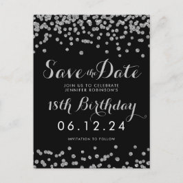 Cartão Postal De Anúncio Prata 18º aniversário Data de salvamento Confetti