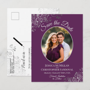 Cartão Postal De Anúncio Prata em Roxo Ameixa Casamento Salvar Data Foto