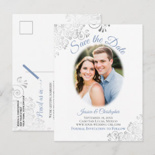 Cartão Postal De Anúncio Prata Enfeites c/ Foto Azul Casamento Save the Dat