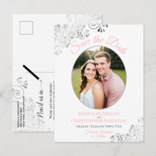 Cartão Postal De Anúncio Prata Laço Rosa Branco Casamento Salve a Data da F