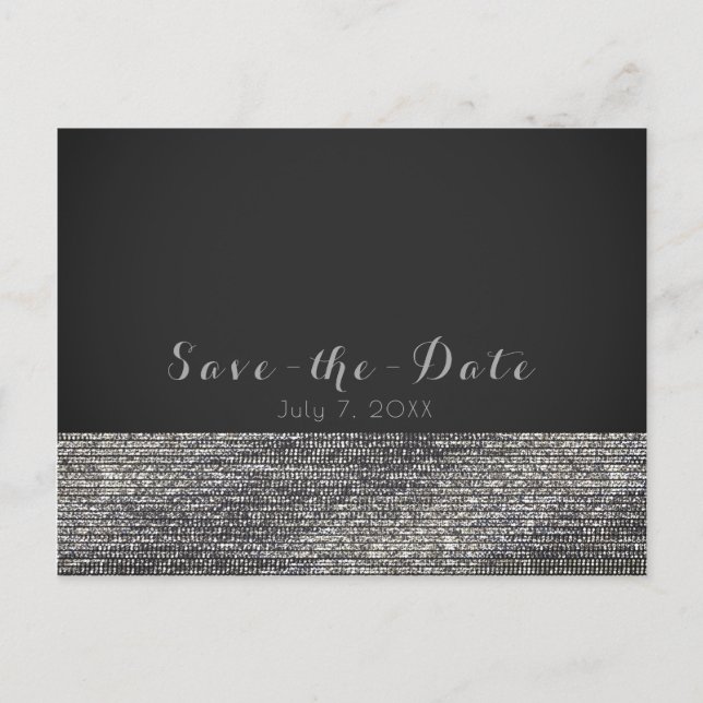 Cartão Postal De Anúncio Prata Moderno Glam Sequins Chic Save the Date (Frente)