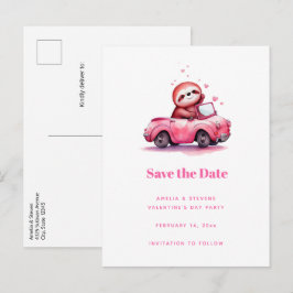 Cartão Postal De Anúncio Preguiça Fofa em um Conversível Rosa