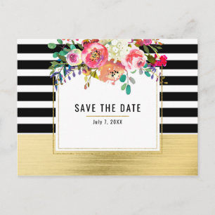 Cartão Postal De Anúncio Preto Branco Dourado Moderno Floral Glam Salve a D