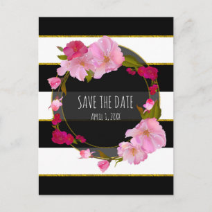 Cartão Postal De Anúncio Preto Branco e Dourado Moderno Floral Save The Dat
