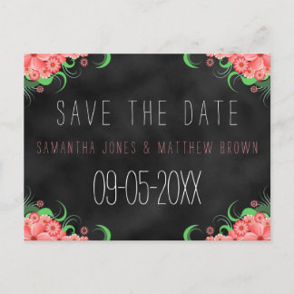 Cartão Postal De Anúncio Preto Chalkboard Rosa Floral Guarde A Placa Data