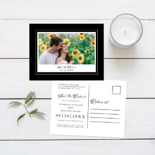 Cartão Postal De Anúncio Preto e Branco Save The Date Foto Casamento Elegan