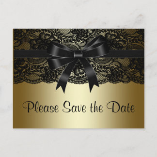 Cartão Postal De Anúncio Preto e Dourado em Renda Save The Date