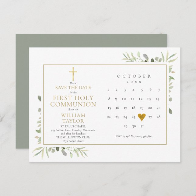 Cartão Postal De Anúncio Primeira Comunhão Verde para Salvar a Data (Frente/Verso)