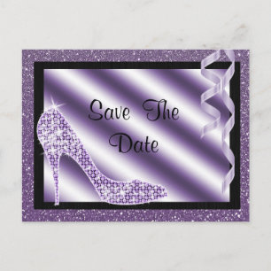 Cartão Postal De Anúncio Purple Stiletto & Streamers Sweet 16 Salve A Data