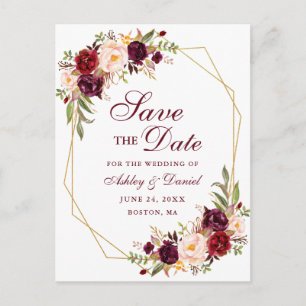 Cartão Postal De Anúncio Quadro Dourado Floral Burgundy Salvar a Data