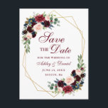 Cartão Postal De Anúncio Quadro Floral Burgundy Azul Dourado Salvar a Data<br><div class="desc">Moderno Elegante,  Aquarela Burgundy Marsala Azul Floral,  Quadro Geométrico Dourado,  Cartão Postal de Envio de Data de Compromisso</div>
