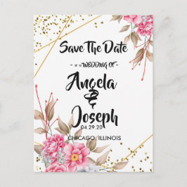 Cartão Postal De Anúncio Quadro Geométrico Dourado Floral Rosa Save the Dat